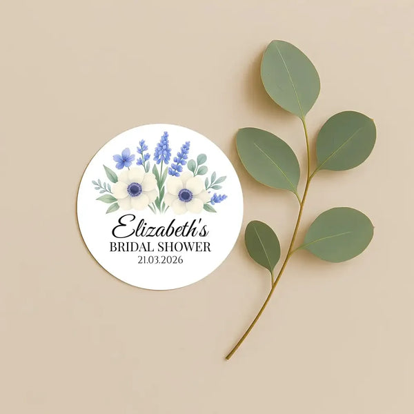 Personalised Blue Anemone Bridal Shower Stickers – Custom Name & Date – Watercolour Floral Favour Labels - Sticksy Prints Australia