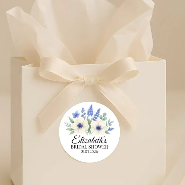 Personalised Blue Anemone Bridal Shower Stickers – Custom Name & Date – Watercolour Floral Favour Labels - Sticksy Prints Australia