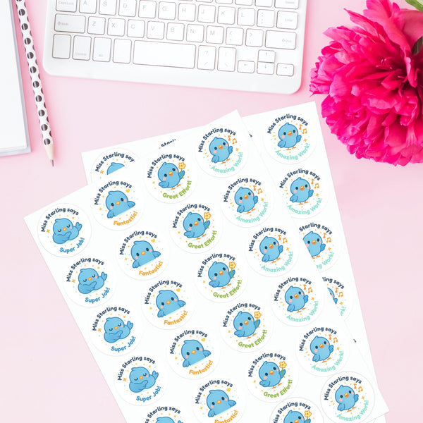 Personalised Blue Bird Teacher Reward Stickers – Cute Kawaii Classroom Stickers