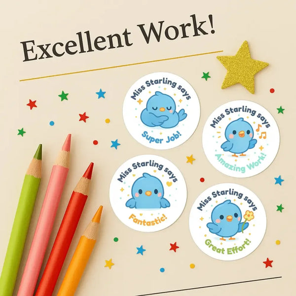 Personalised Blue Bird Teacher Reward Stickers – Cute Kawaii Classroom Stickers - Sticksy Prints Australia
