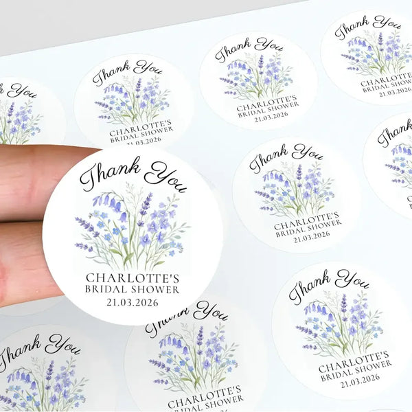 Personalised Blue Wildflower Bridal Shower Thank You Stickers – Custom Name & Date – Watercolour Floral Favour Labels - Sticksy Prints Australia