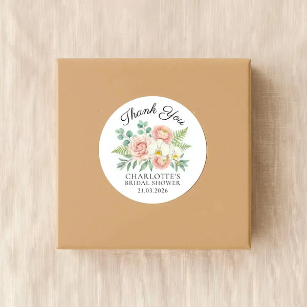 Personalised Blush Floral Bridal Shower Thank You Stickers – Custom Name & Date – Watercolour Peony & Orchid Labels - Sticksy Prints Australia
