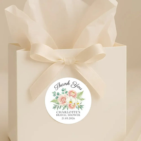 Personalised Blush Floral Bridal Shower Thank You Stickers – Custom Name & Date – Watercolour Peony & Orchid Labels - Sticksy Prints Australia