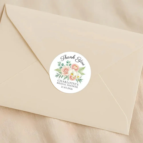 Personalised Blush Floral Bridal Shower Thank You Stickers – Custom Name & Date – Watercolour Peony & Orchid Labels - Sticksy Prints Australia
