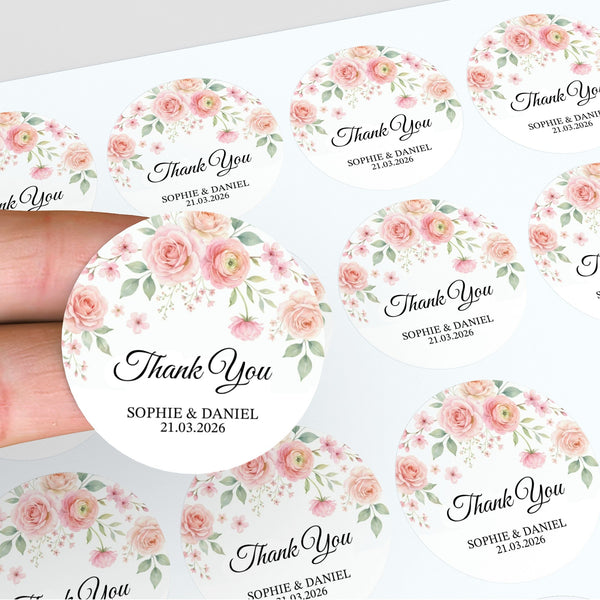 Personalised Blush Rose Wedding Thank You Stickers | Pink Floral Favour Labels