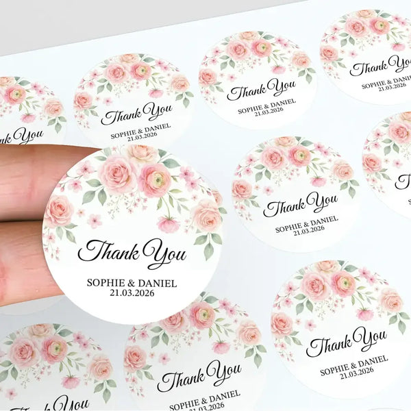Personalised Blush Pink Floral Wedding Thank You Stickers | Rose & Blossom Favour Labels - Sticksy Prints Australia
