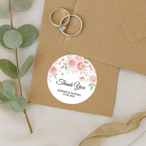 Personalised Blush Rose Wedding Thank You Stickers | Pink Floral Favour Labels