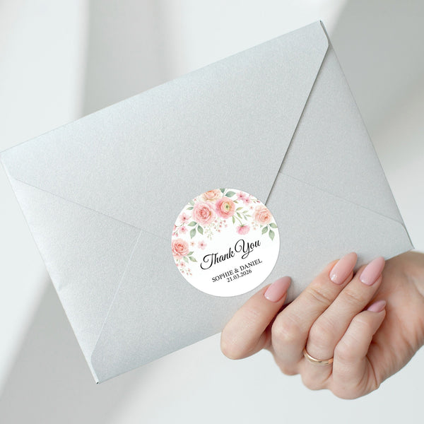 Personalised Blush Rose Wedding Thank You Stickers | Pink Floral Favour Labels