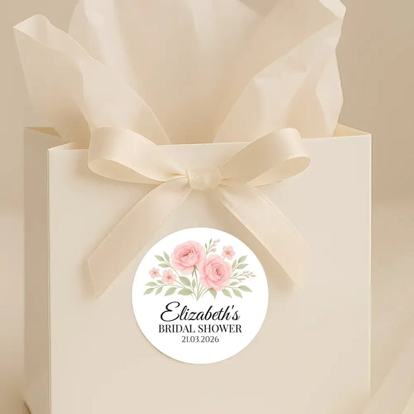 Personalised Blush Rose Bridal Shower Stickers – Custom Name & Date – Watercolour Floral Favour Labels - Sticksy Prints Australia