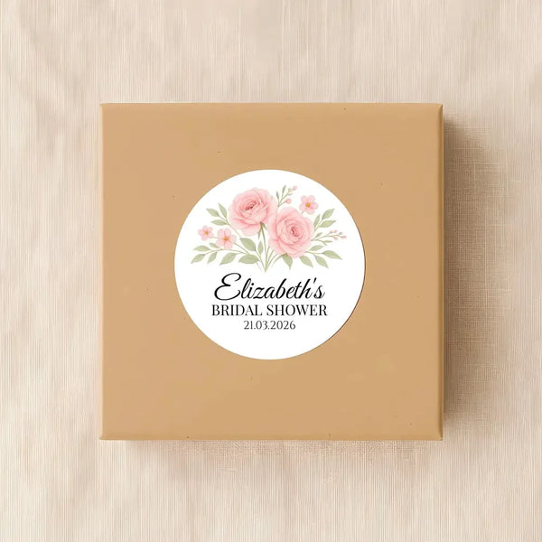 Personalised Blush Rose Bridal Shower Stickers – Custom Name & Date – Watercolour Floral Favour Labels - Sticksy Prints Australia