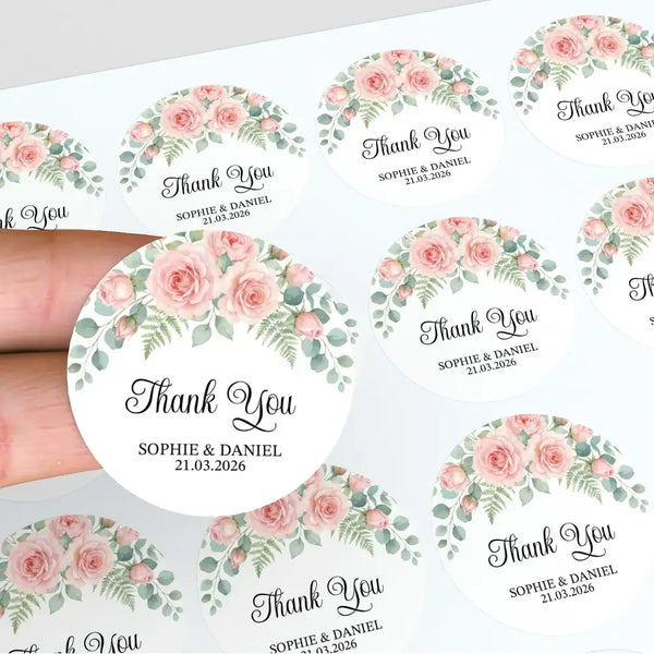 Personalised Blush Rose Wedding Thank You Stickers | Pink Floral Favour Labels - Sticksy Prints Australia