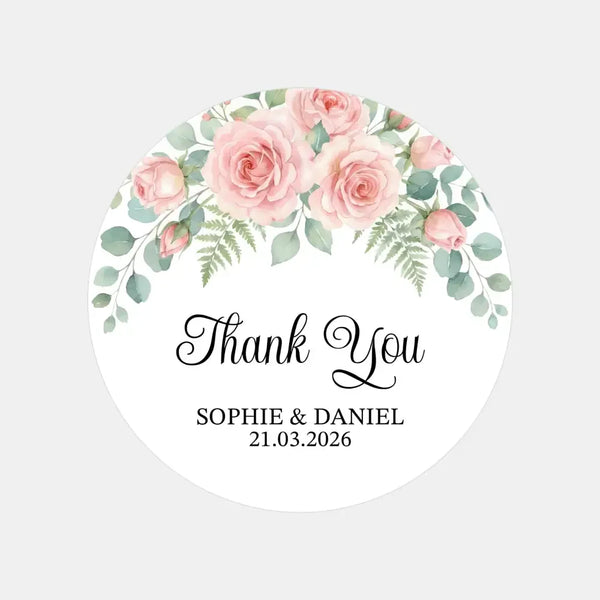 Personalised Blush Rose Wedding Thank You Stickers | Pink Floral Favour Labels - Sticksy Prints Australia