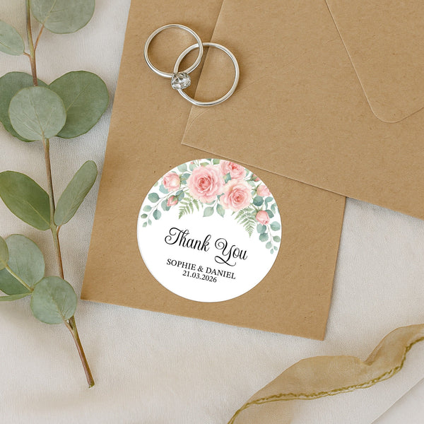 Personalised Blush Rose Wedding Thank You Stickers | Pink Floral Favour Labels