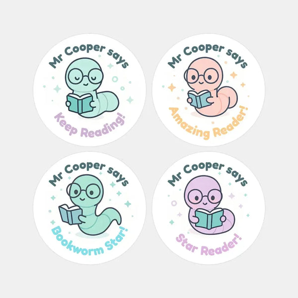 Personalised Bookworm Reading Stickers – Cute Kawaii Literacy Reward Stickers - Sticksy Prints Australia