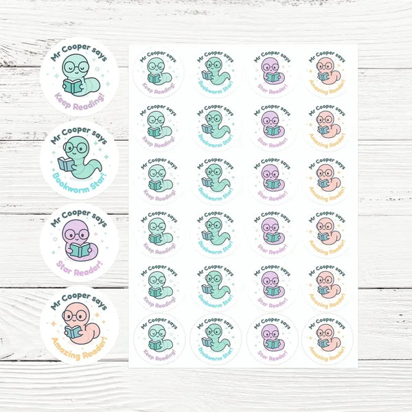 Personalised Bookworm Reading Stickers – Cute Kawaii Literacy Reward Stickers - Sticksy Prints Australia
