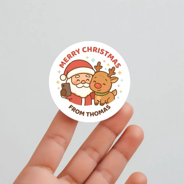 Personalised Christmas Sticker – Santa & Reindeer Selfie Kids Gift Labels - Sticksy Prints Australia
