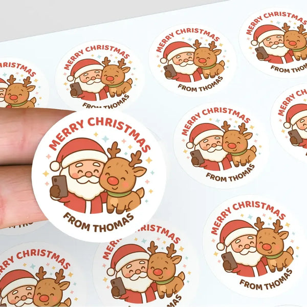Personalised Christmas Sticker – Santa & Reindeer Selfie Kids Gift Labels - Sticksy Prints Australia