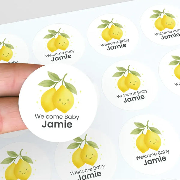 Personalised Cute Lemon Welcome Baby Stickers – Watercolour Citrus Gender-Neutral Favour Labels - Sticksy Prints Australia