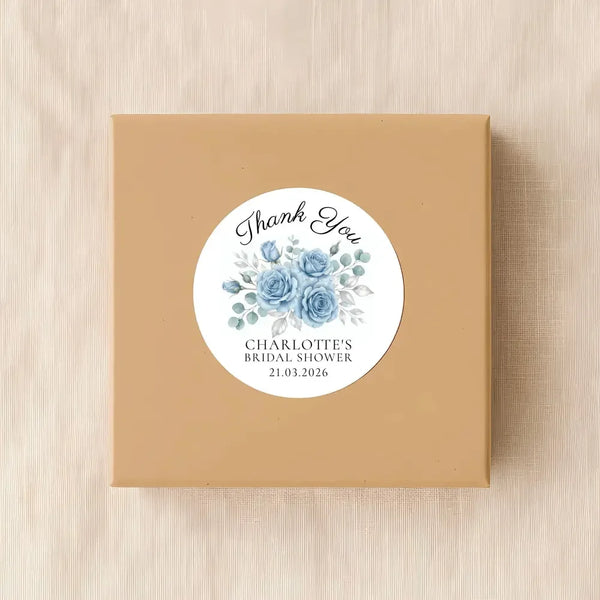 Personalised Dusty Blue Rose Bridal Shower Thank You Stickers – Custom Name & Date – Watercolour Floral Favour Labels - Sticksy Prints Australia
