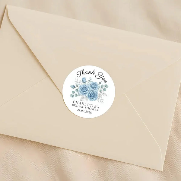 Personalised Dusty Blue Rose Bridal Shower Thank You Stickers – Custom Name & Date – Watercolour Floral Favour Labels - Sticksy Prints Australia