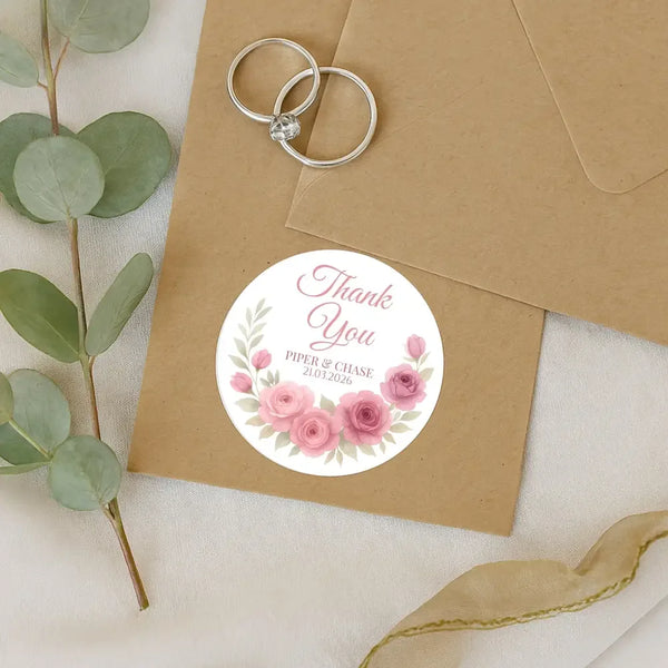Personalised Dusty Rose & Blush Wedding Thank You Stickers – Custom Floral Favour Labels - Sticksy Prints Australia