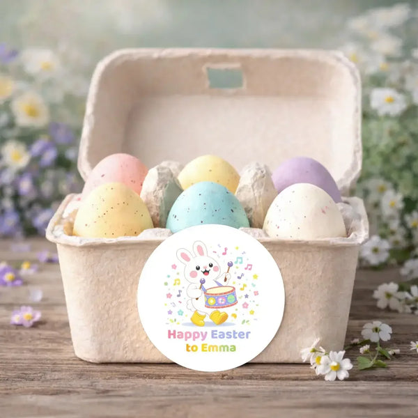 Personalised Easter Bunny Drum Stickers | Musical Easter Stickers for Kids | Custom Name Labels - Sticksy Prints Australia