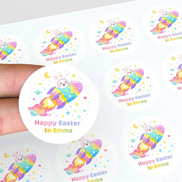 Personalised Easter Bunny Rocket Stickers | Space Easter Stickers for Kids | Custom Name Labels - Sticksy Prints Australia