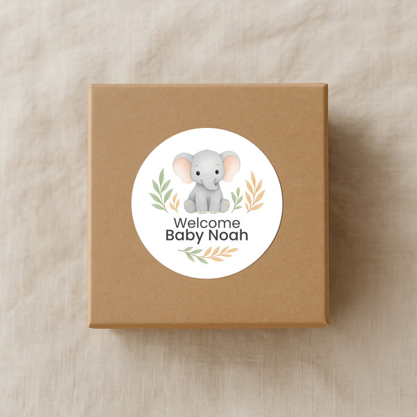 Personalised Elephant Baby Shower Stickers – Safari Welcome Baby Favour Labels