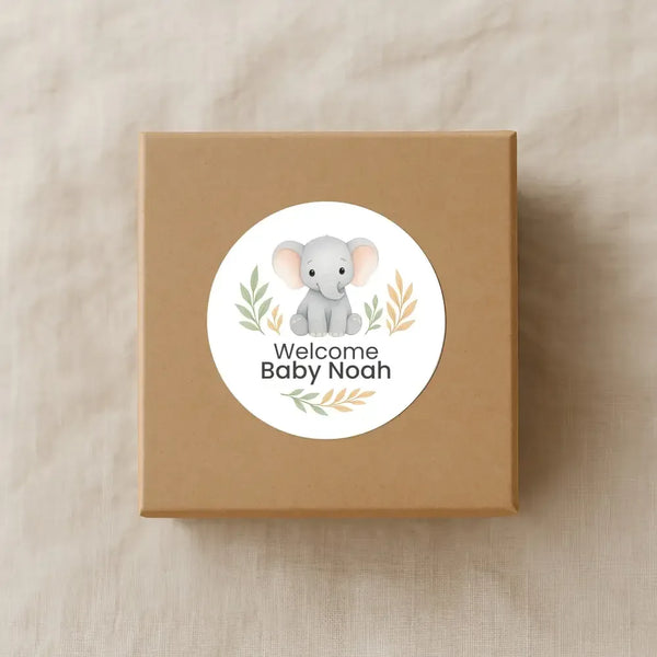 Personalised Elephant Baby Shower Stickers – Safari Welcome Baby Favour Labels - Sticksy Prints Australia