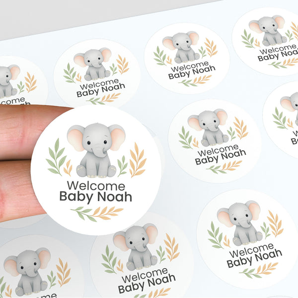 Personalised Elephant Baby Shower Stickers – Safari Welcome Baby Favour Labels