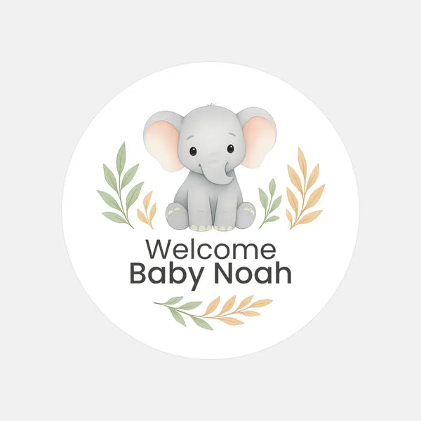 Personalised Elephant Baby Shower Stickers – Safari Welcome Baby Favour Labels - Sticksy Prints Australia