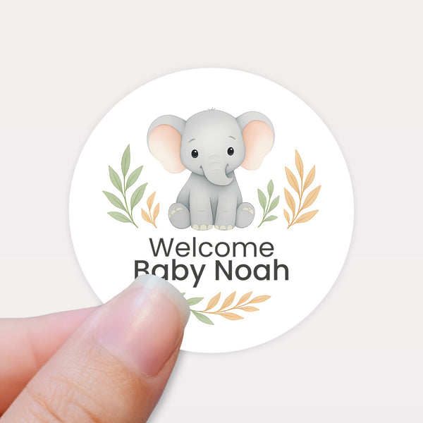 Personalised Elephant Baby Shower Stickers – Safari Welcome Baby Favour Labels