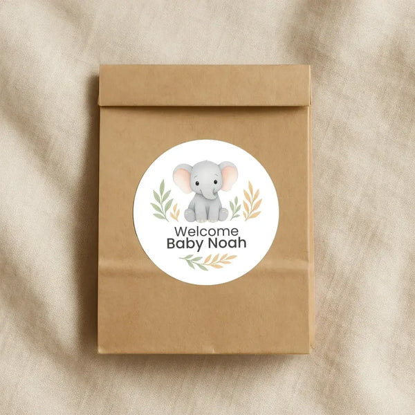 Personalised Elephant Baby Shower Stickers – Safari Welcome Baby Favour Labels - Sticksy Prints Australia