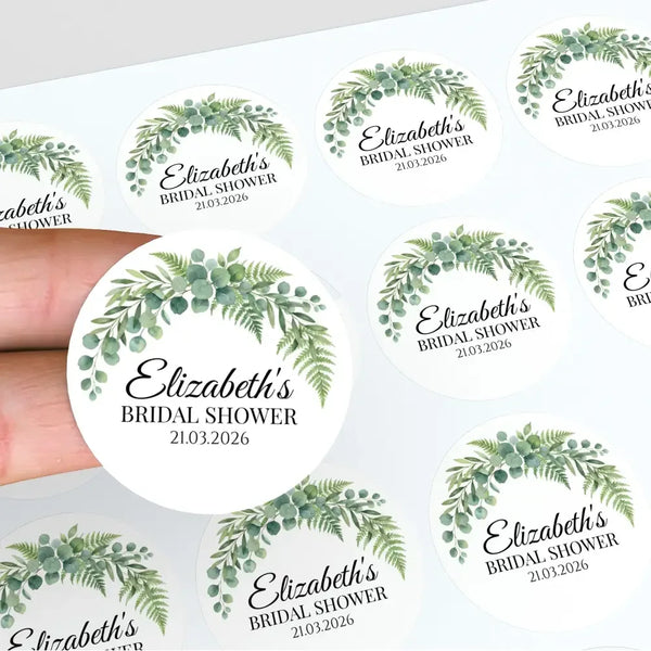 Personalised Eucalyptus Bridal Shower Stickers – Custom Greenery Favour Labels – Watercolour Botanical Stickers - Sticksy Prints Australia