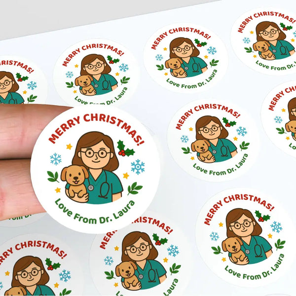 Personalised Female Vet Christmas Stickers – Custom Business Holiday Labels