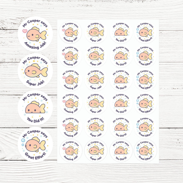 Personalised Fish Teacher Reward Stickers – Custom Name Classroom Praise Stickers