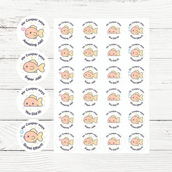 Personalised Fish Teacher Reward Stickers – Custom Name Classroom Praise Stickers - Sticksy Prints Australia