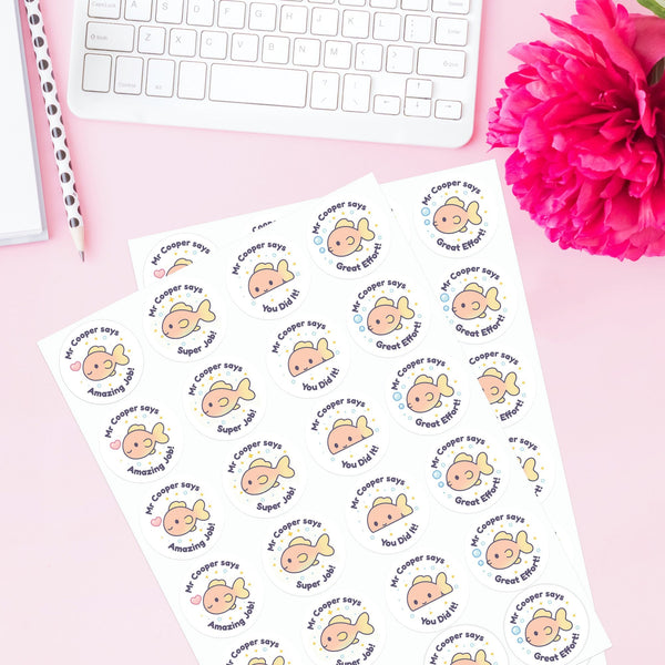 Personalised Fish Teacher Reward Stickers – Custom Name Classroom Praise Stickers
