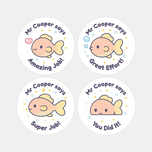 Personalised Fish Teacher Reward Stickers – Custom Name Classroom Praise Stickers