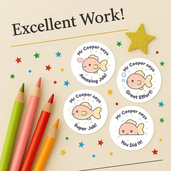Personalised Fish Teacher Reward Stickers – Custom Name Classroom Praise Stickers - Sticksy Prints Australia
