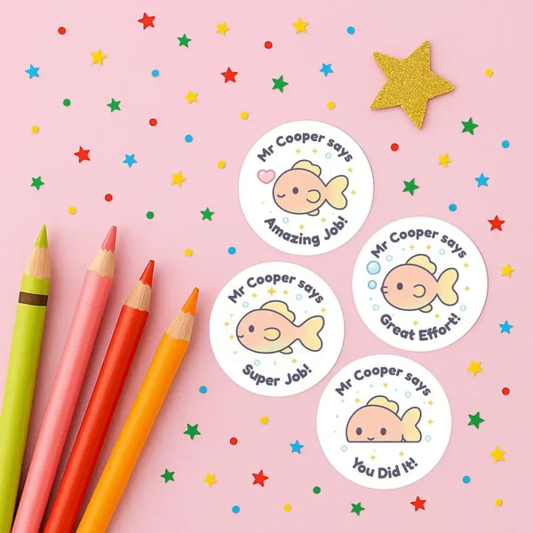 Personalised Fish Teacher Reward Stickers – Custom Name Classroom Praise Stickers - Sticksy Prints Australia