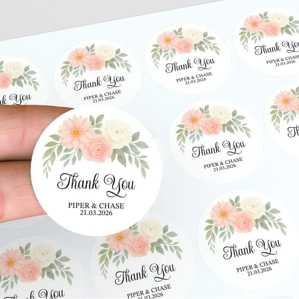 Personalised Floral Thank You Wedding Stickers | Blush Dahlia Design - Sticksy Prints Australia