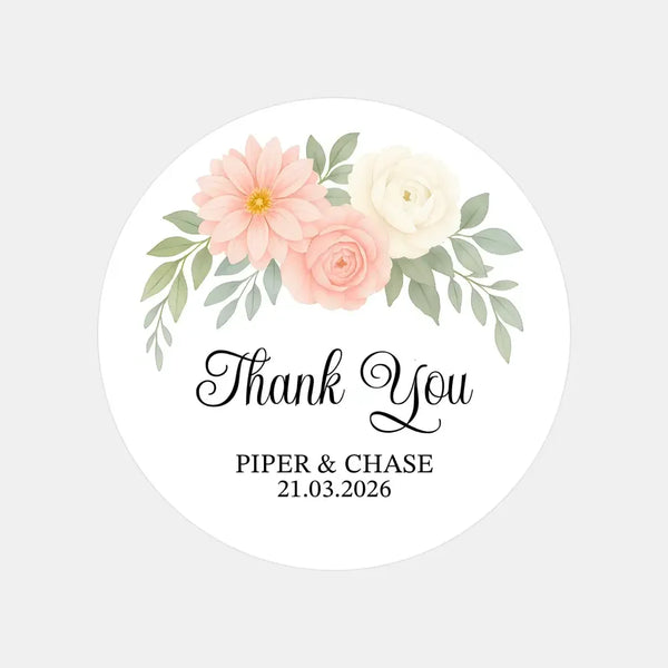 Personalised Floral Thank You Wedding Stickers | Blush Dahlia Design - Sticksy Prints Australia