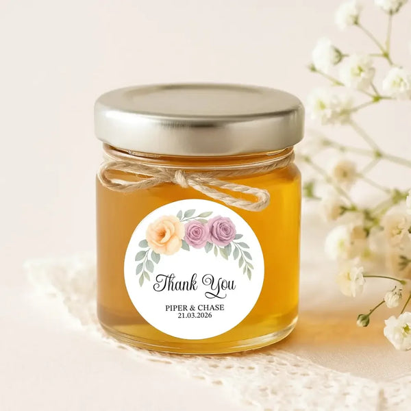 Personalised Floral Wedding Thank You Stickers | Apricot & Mauve Roses - Sticksy Prints Australia