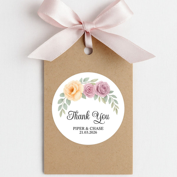 Personalised Floral Wedding Thank You Stickers | Apricot & Mauve Roses