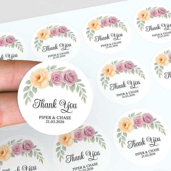 Personalised Floral Wedding Thank You Stickers | Apricot & Mauve Roses