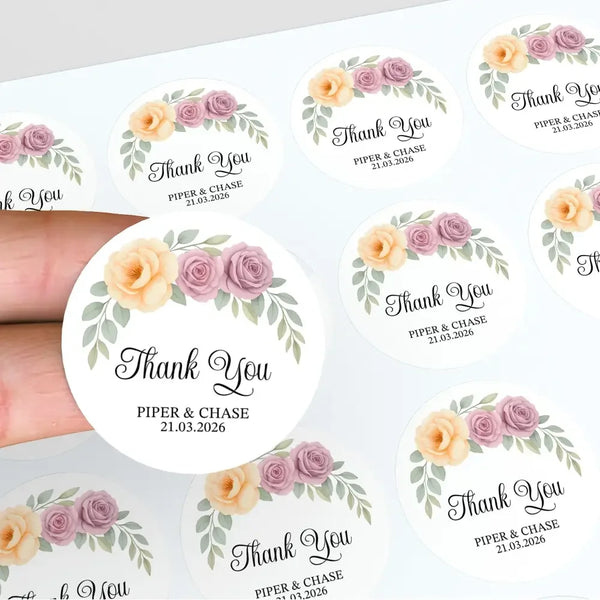 Personalised Floral Wedding Thank You Stickers | Apricot & Mauve Roses - Sticksy Prints Australia