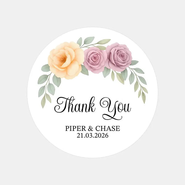 Personalised Floral Wedding Thank You Stickers | Apricot & Mauve Roses - Sticksy Prints Australia