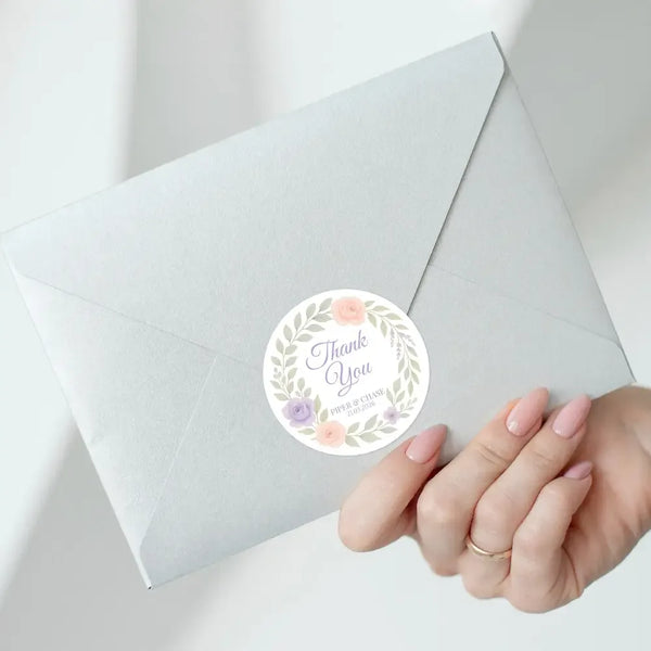 Personalised Floral Wedding Thank You Stickers – Custom Name & Date Pastel Wreath Labels - Sticksy Prints Australia