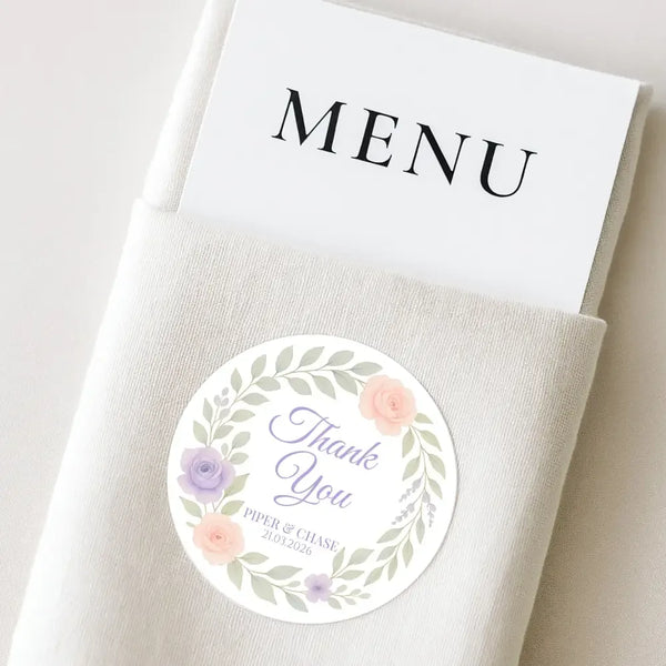 Personalised Floral Wedding Thank You Stickers – Custom Name & Date Pastel Wreath Labels - Sticksy Prints Australia